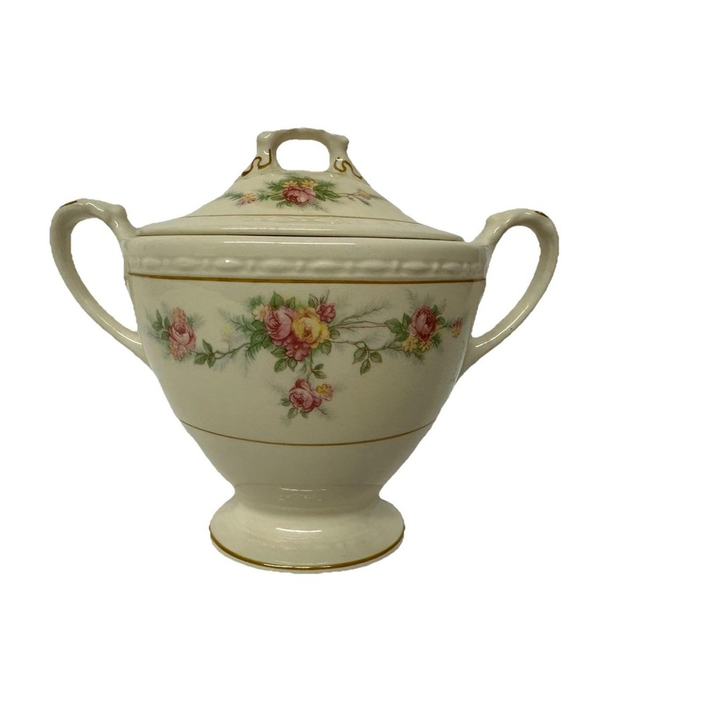 Homer Laughlin Georgian Eggshell Sugar Bowl & Lid Pink & Yellow Roses